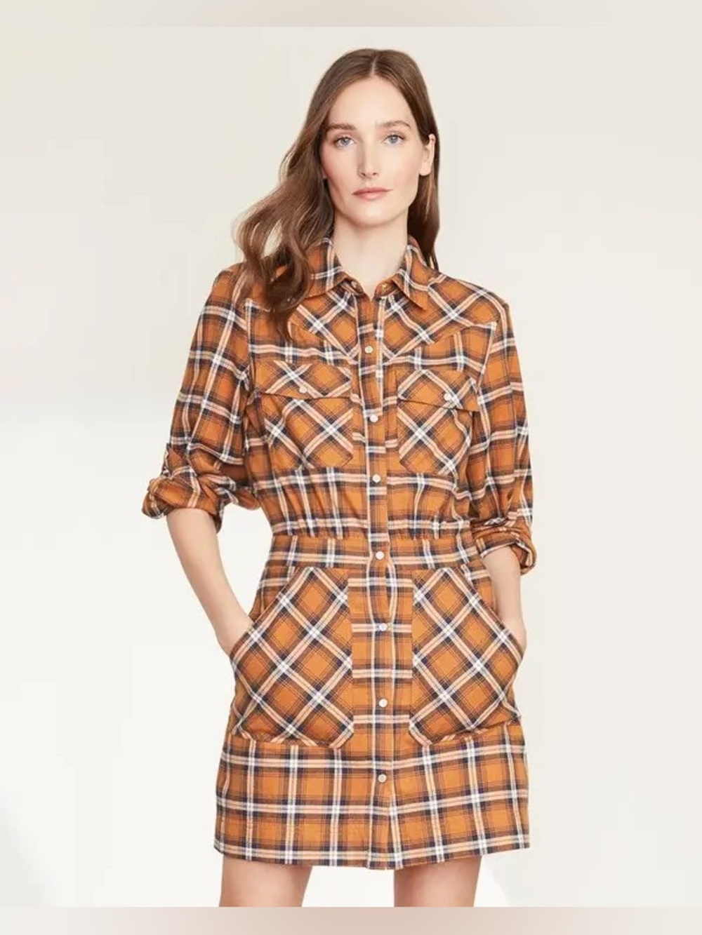 Veronica Beard Fern Checked Cotton Flannel Mini Shirt Dress